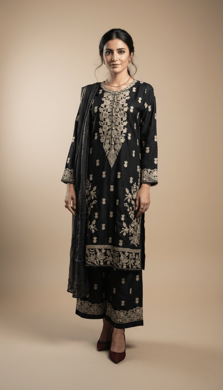 Shabrang Midnight Black Linen Embroidered Kurta & Plazo Suit
