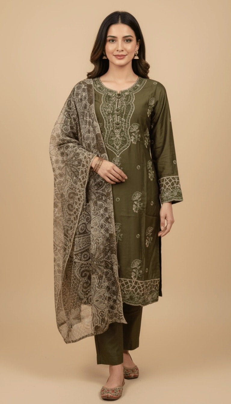Olive Green Embroidered Linen 3-Piece Trouser Suit