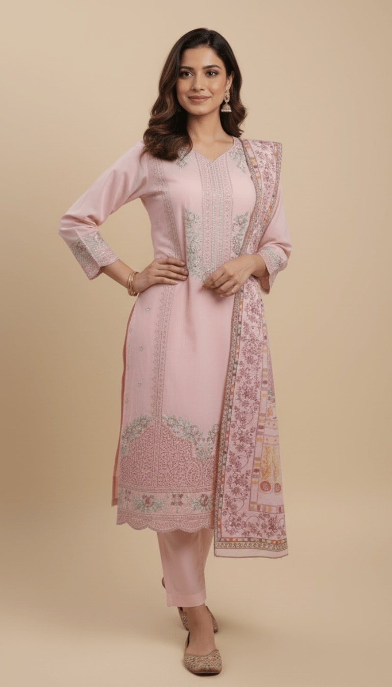 Light Pink Cotton Embroidered 3-Piece Trouser Suit
