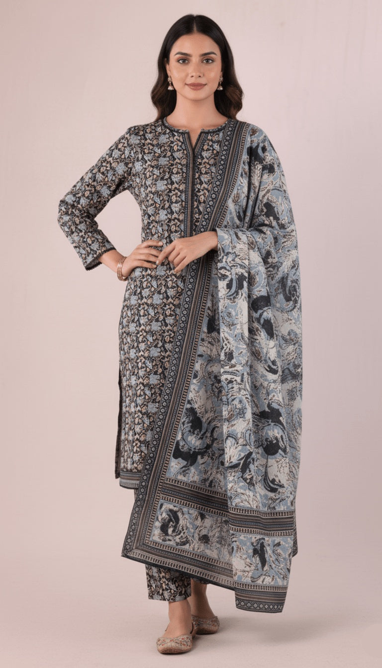 Binsaeed Three-Piece Khaddar Black Gold Printed Suit