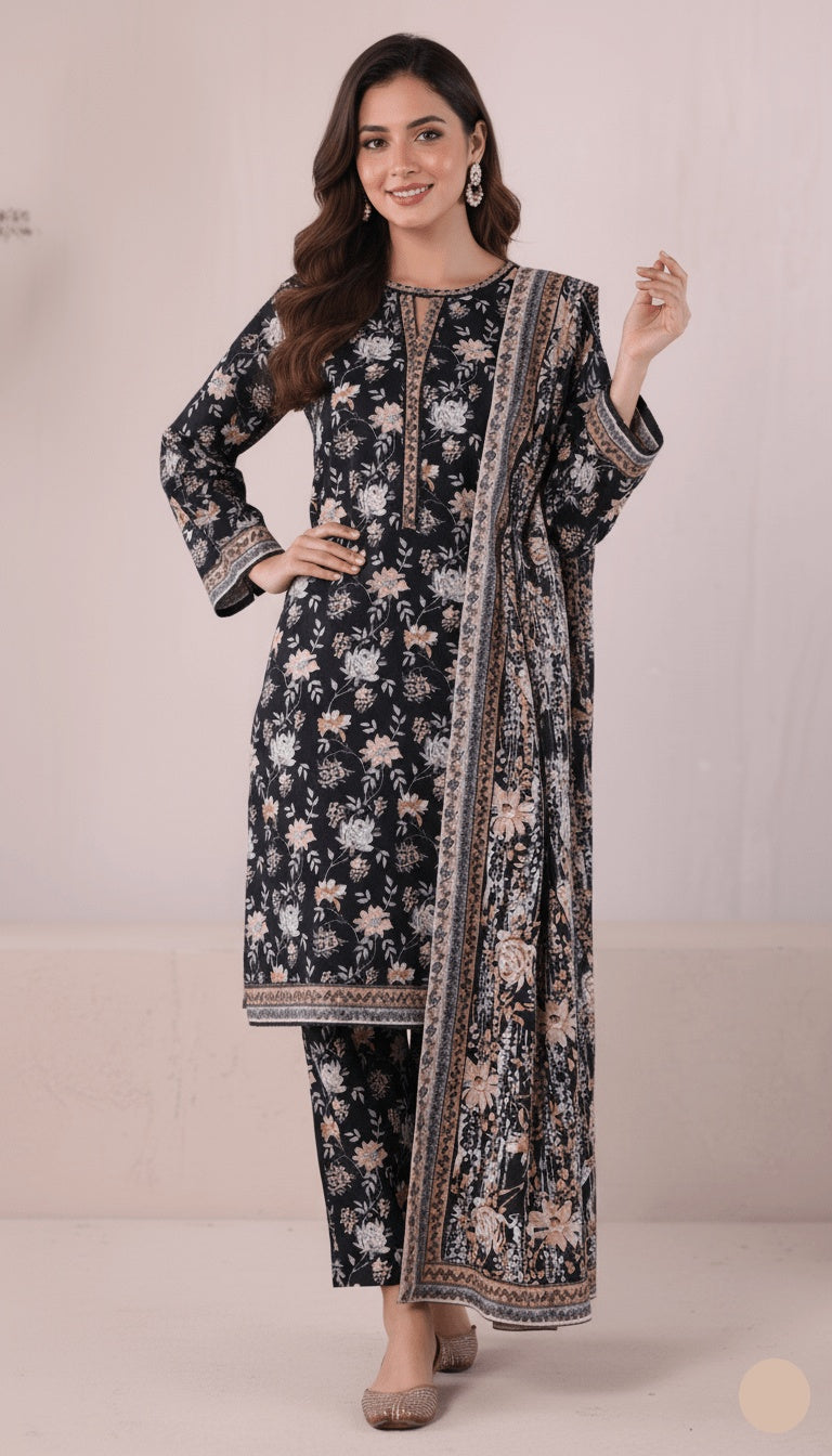 Binsaeed Three-Piece Khaddar Jet Black & Gold Printed Suit