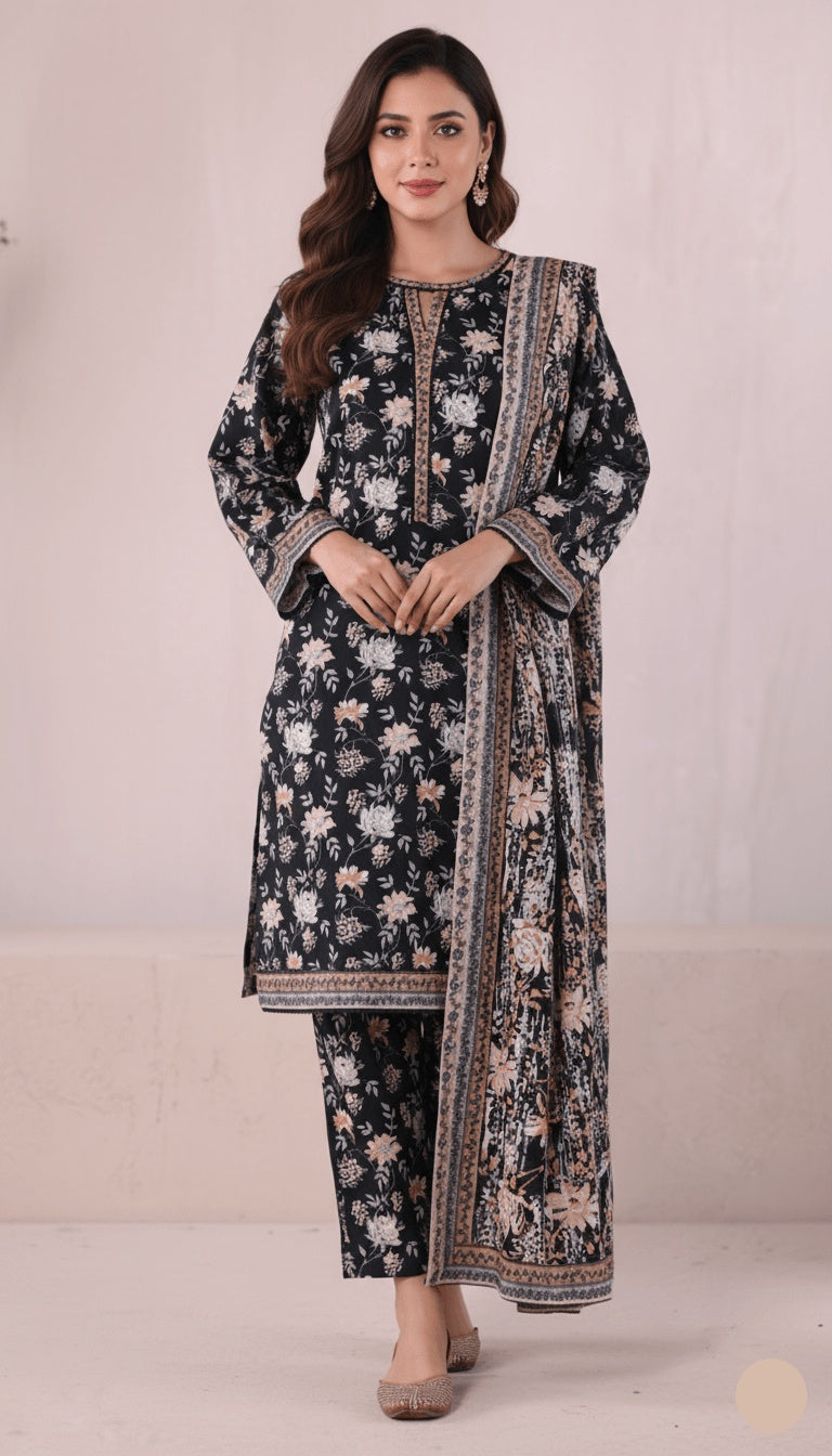 Binsaeed Three-Piece Khaddar Jet Black & Gold Printed Suit