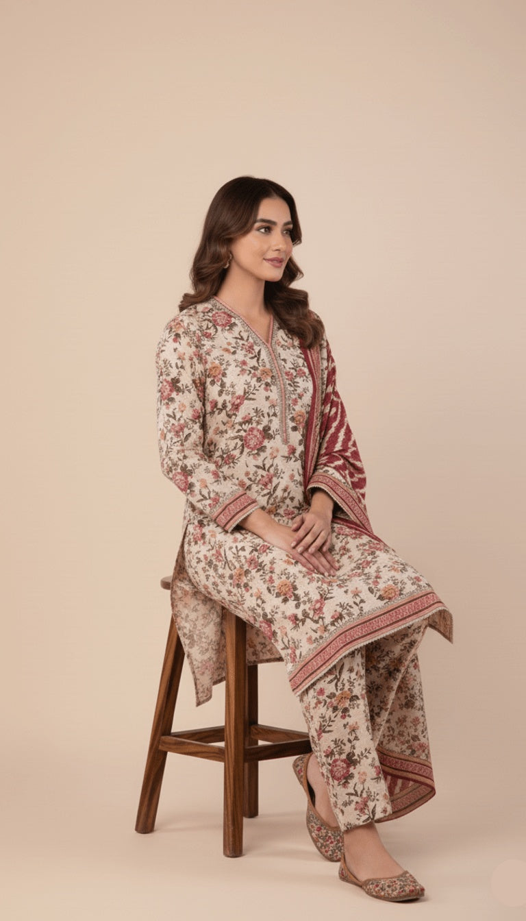 Binsaeed Three-Piece Khaddar Cream & Rustic Red Printed Suit
