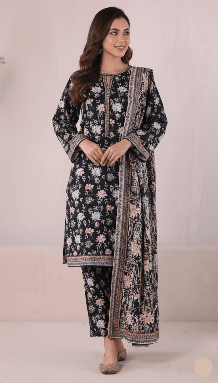 Binsaeed Three-Piece Khaddar Jet Black & Gold Printed Suit