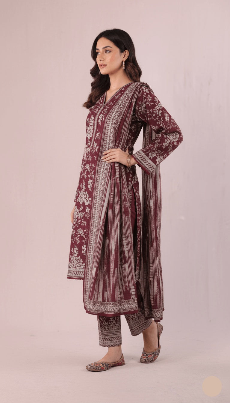 Binsaeed Three-Piece Khaddar Rich Maroon Printed Suit