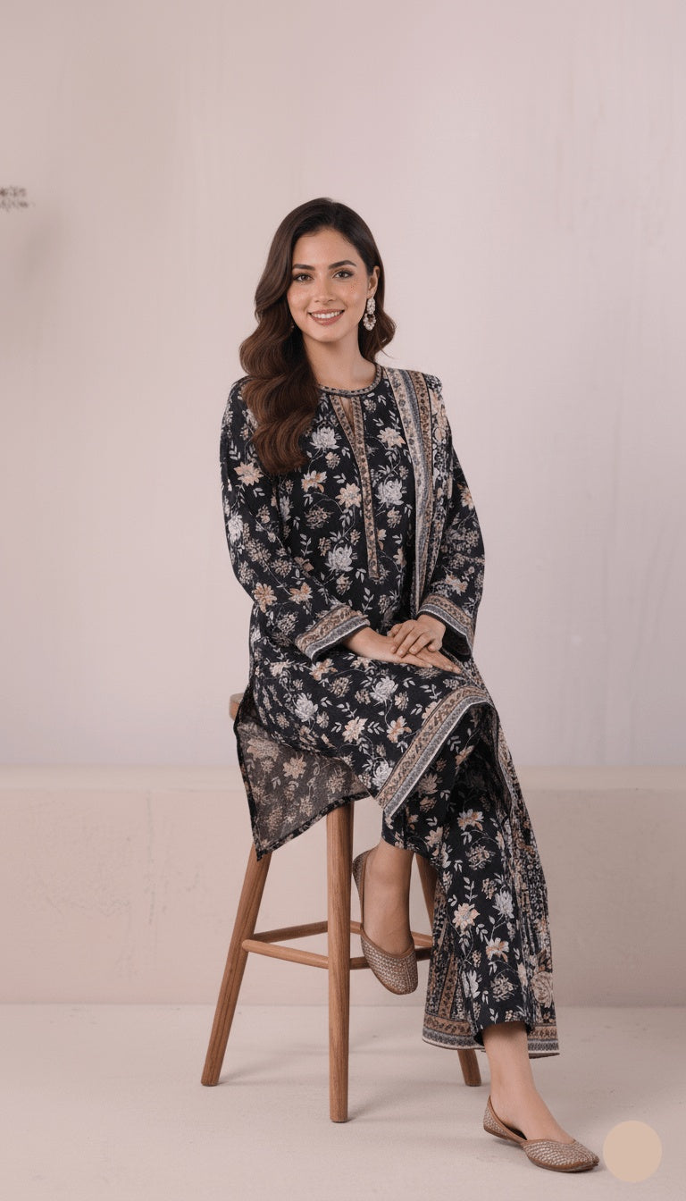 Binsaeed Three-Piece Khaddar Jet Black & Gold Printed Suit