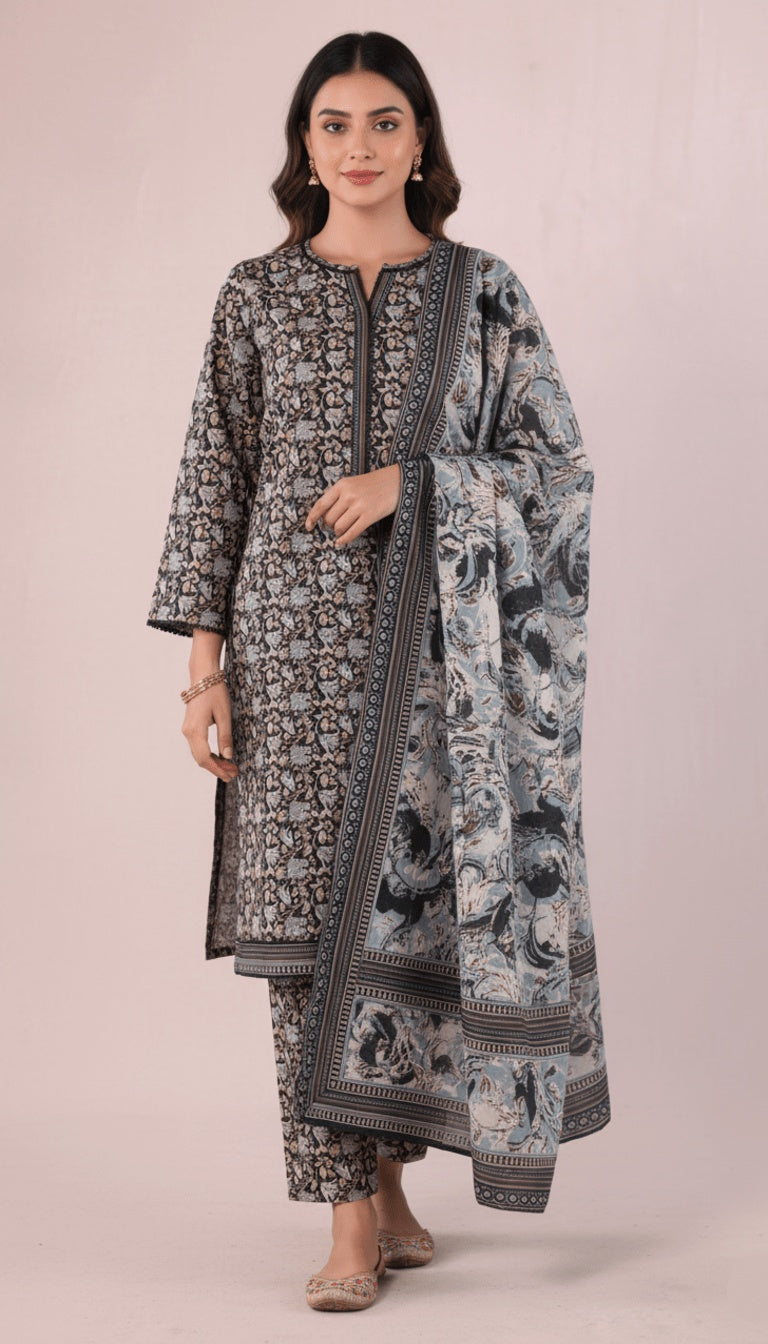 Binsaeed Three-Piece Khaddar Black Gold Printed Suit