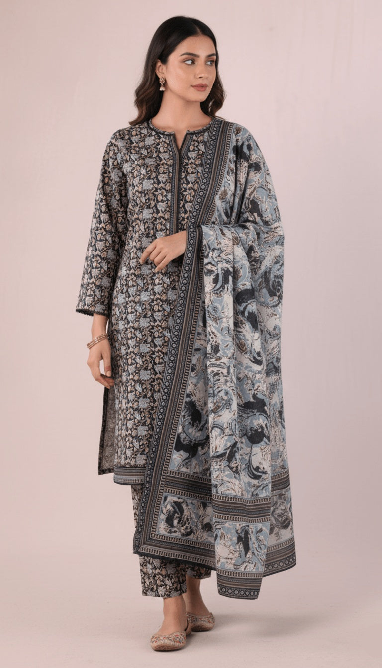 Binsaeed Three-Piece Khaddar Black Gold Printed Suit