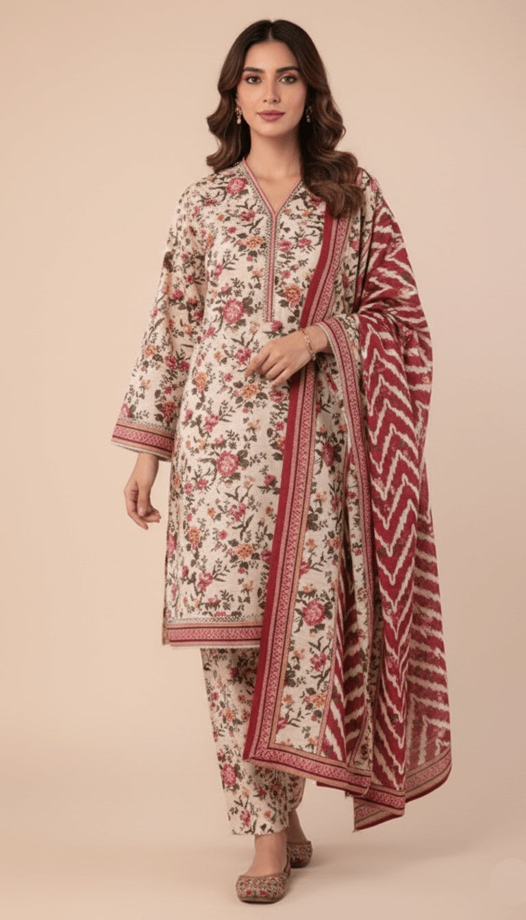 Binsaeed Three-Piece Khaddar Cream & Rustic Red Printed Suit