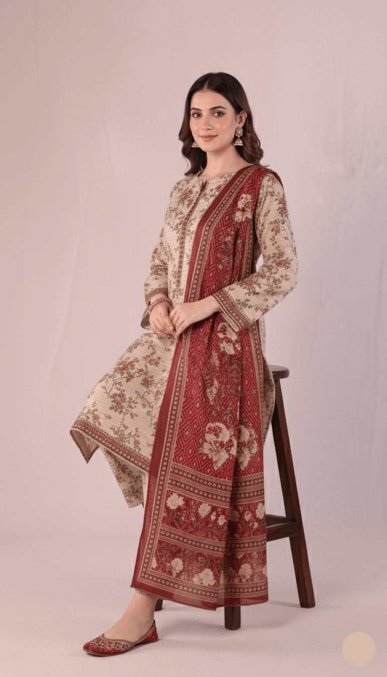 Binsaeed Three-Piece Khaddar Beige & Crimson Printed Suit