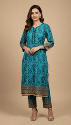 Labub Turquoise & Gold Foliage Linen 2-Piece Suit