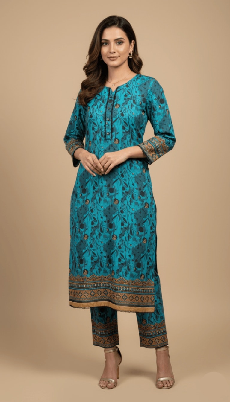 Labub Turquoise & Gold Foliage Linen 2-Piece Suit