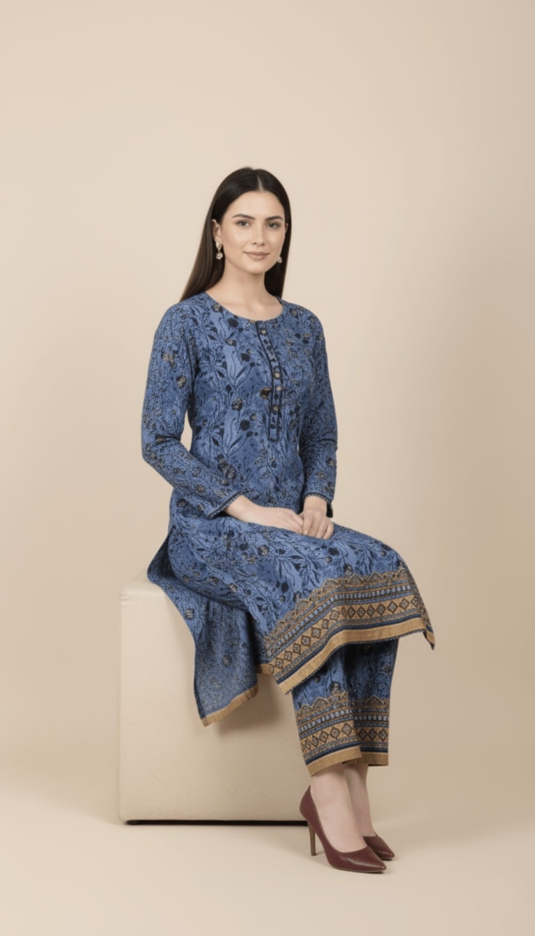 Riya Cornflower Blue & Gold Foliage Linen 2-Piece Suit