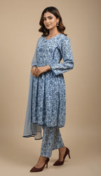 Mira Powder Blue Paisley Georgette 3-Piece Frock Suit