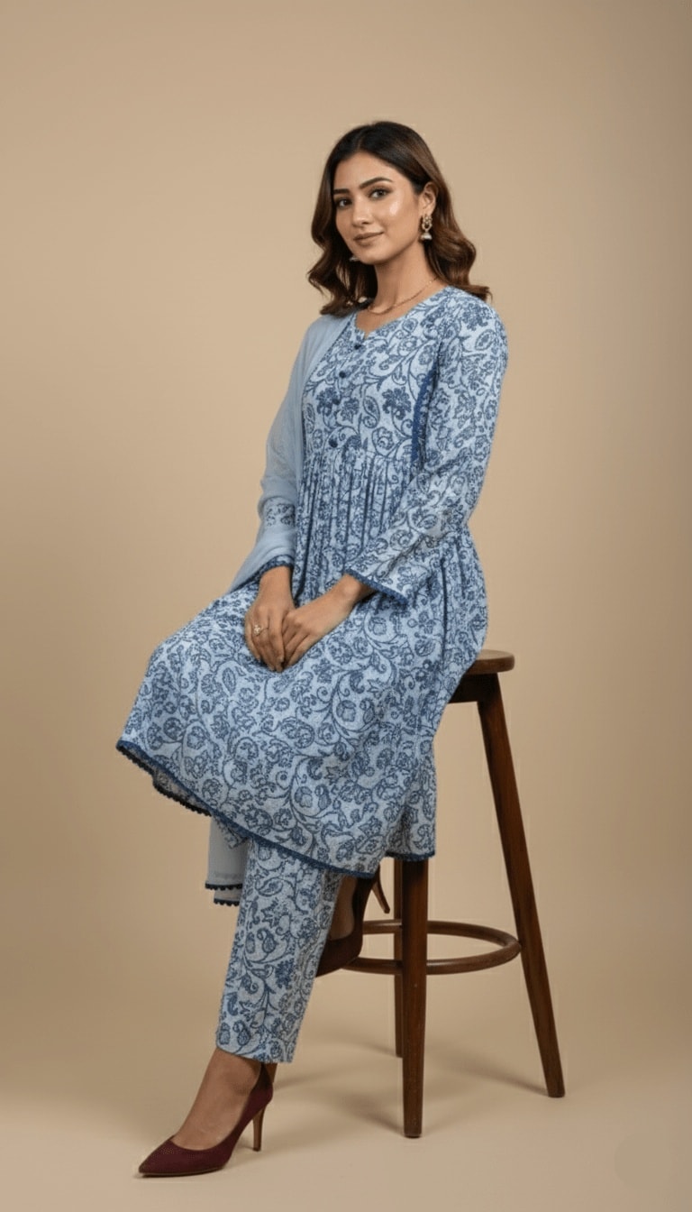 Mira Powder Blue Paisley Georgette 3-Piece Frock Suit