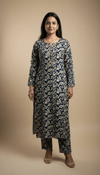 Indigo Vine Printed Linen 2-Piece Suit | Navy & Beige Trousers Co-ord Set