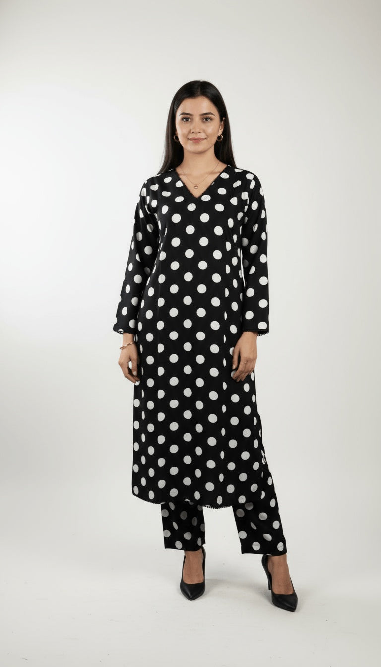 Monochrome Dot Printed Linen 2-Piece Co-ord Suit