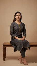 Meera Charcoal Grey & Mustard Paisley Linen 2-Piece Suit