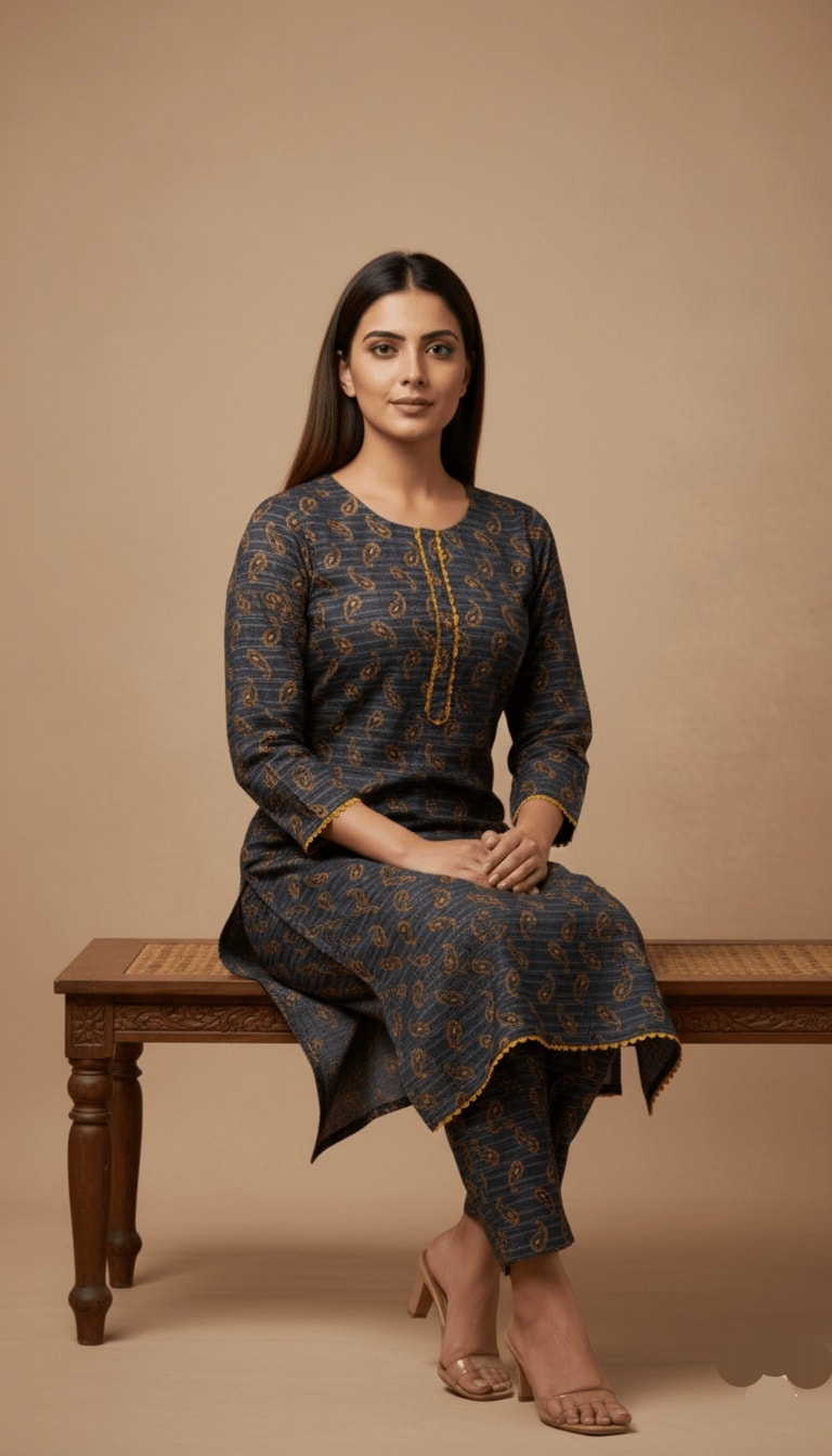 Meera Charcoal Grey & Mustard Paisley Linen 2-Piece Suit