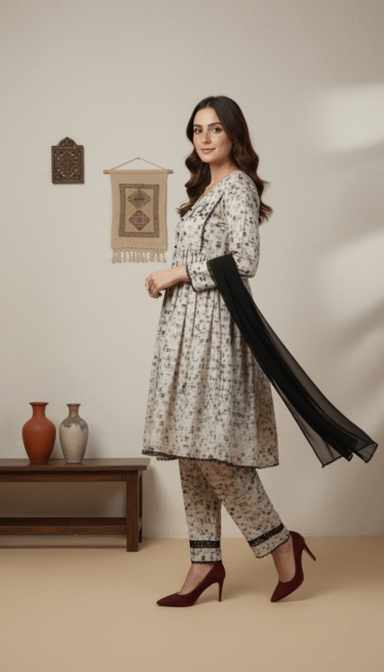 Priya Ivory & Black Abstract Georgette 3-Piece Frock Suit