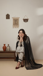 Priya Ivory & Black Abstract Georgette 3-Piece Frock Suit