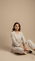 Maya Ivory & Gold Geometric Linen 2-Piece Suit