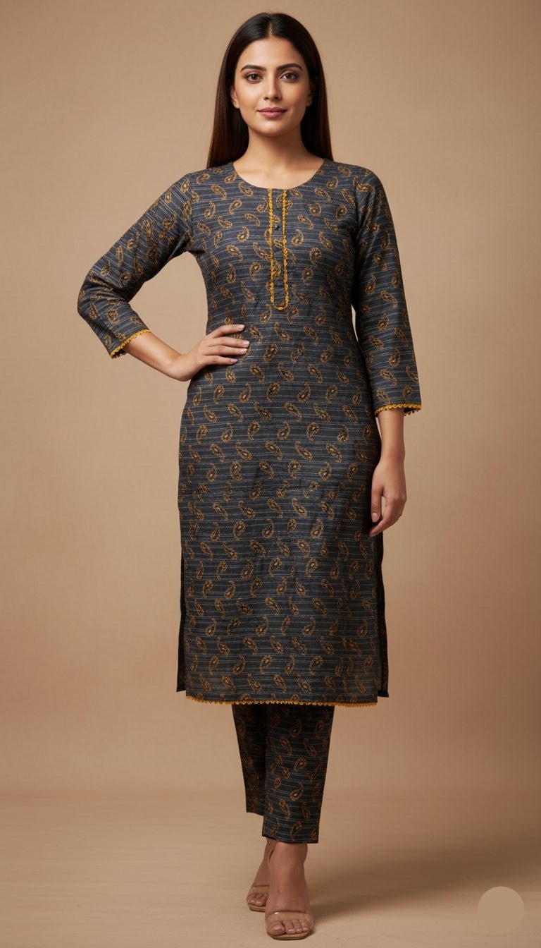 Meera Charcoal Grey & Mustard Paisley Linen 2-Piece Suit