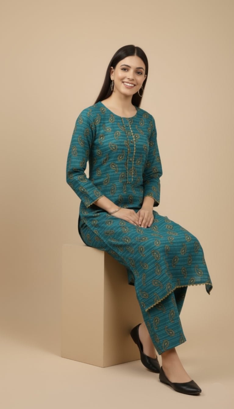 Nadia Teal & Gold Paisley Linen 2-Piece Suit