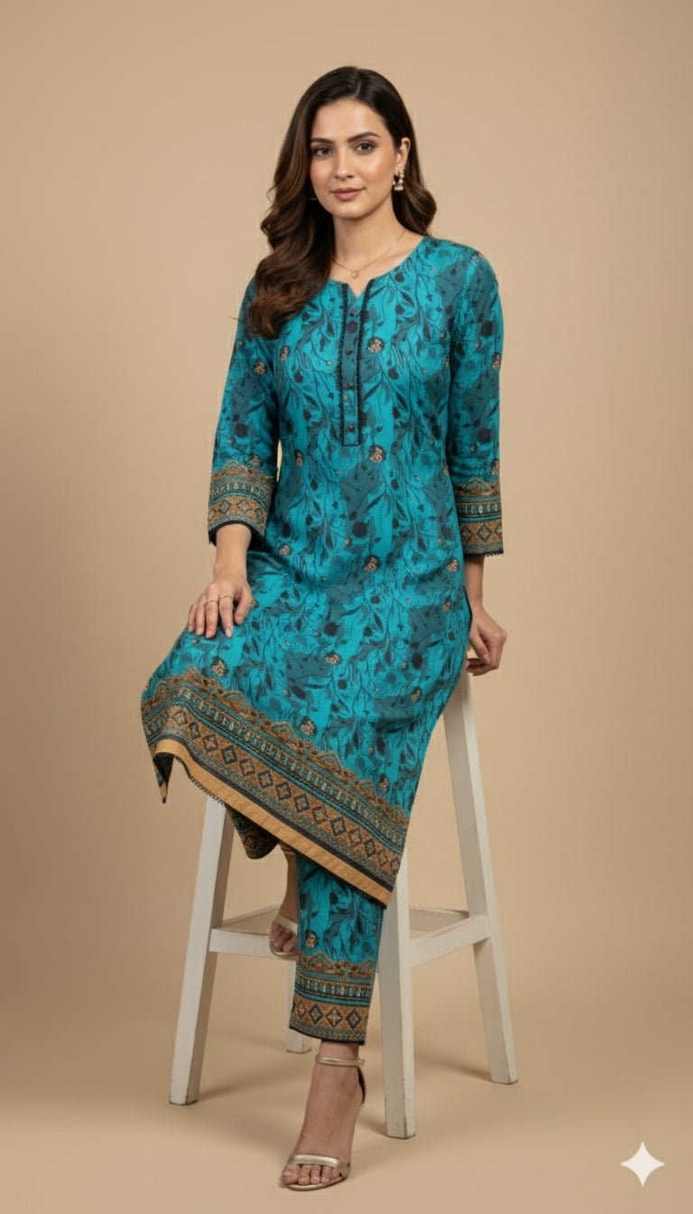 Labub Turquoise & Gold Foliage Linen 2-Piece Suit