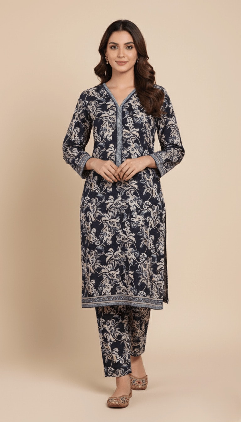 Binsaeed 2 PC Khaddar Navy Blue Printed Suit | SuitsMeUK