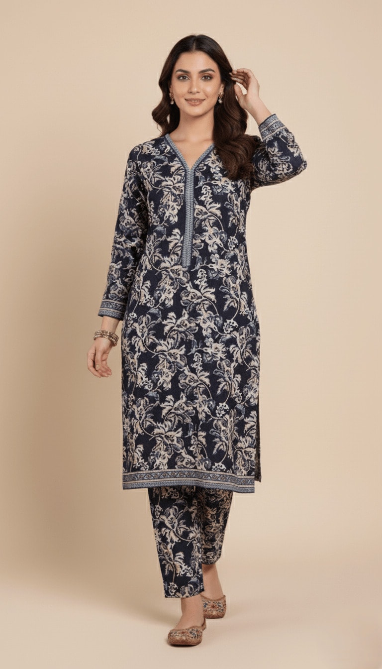 Binsaeed 2 PC Khaddar Navy Blue Printed Suit | SuitsMeUK