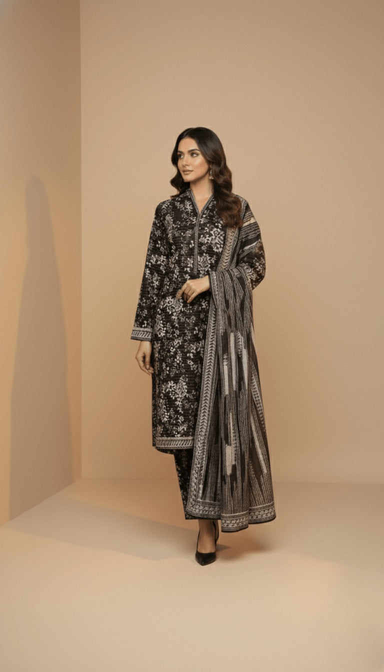 Binsaeed Black Abstract Khaddar 3PC Suit | SuitsMeUK