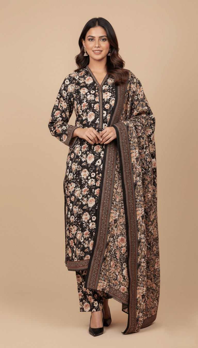 Binsaeed Black Floral Khaddar 3PC Suit Winter Stitched | SuitsMeUK