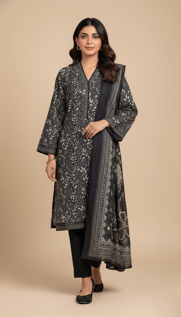 Binsaeed Black & White Khaddar 3PC Suit | SuitsMeUK