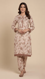Binsaeed Floral Printed Khaddar Beige 2 Piece Winter Suit | SuitsMeUK