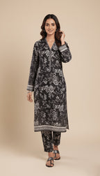 Binsaeed Khaddar Suit Black White Floral Printed 2pc | SuitsMeUK