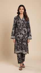 Binsaeed Khaddar Suit Black White Floral Printed 2pc | SuitsMeUK