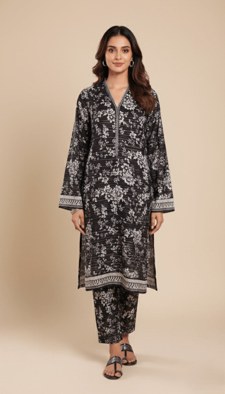 Binsaeed Khaddar Suit Black White Floral Printed 2pc | SuitsMeUK