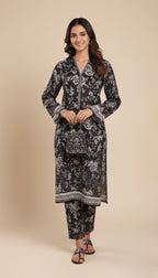 Binsaeed Khaddar Suit Black White Floral Printed 2pc | SuitsMeUK