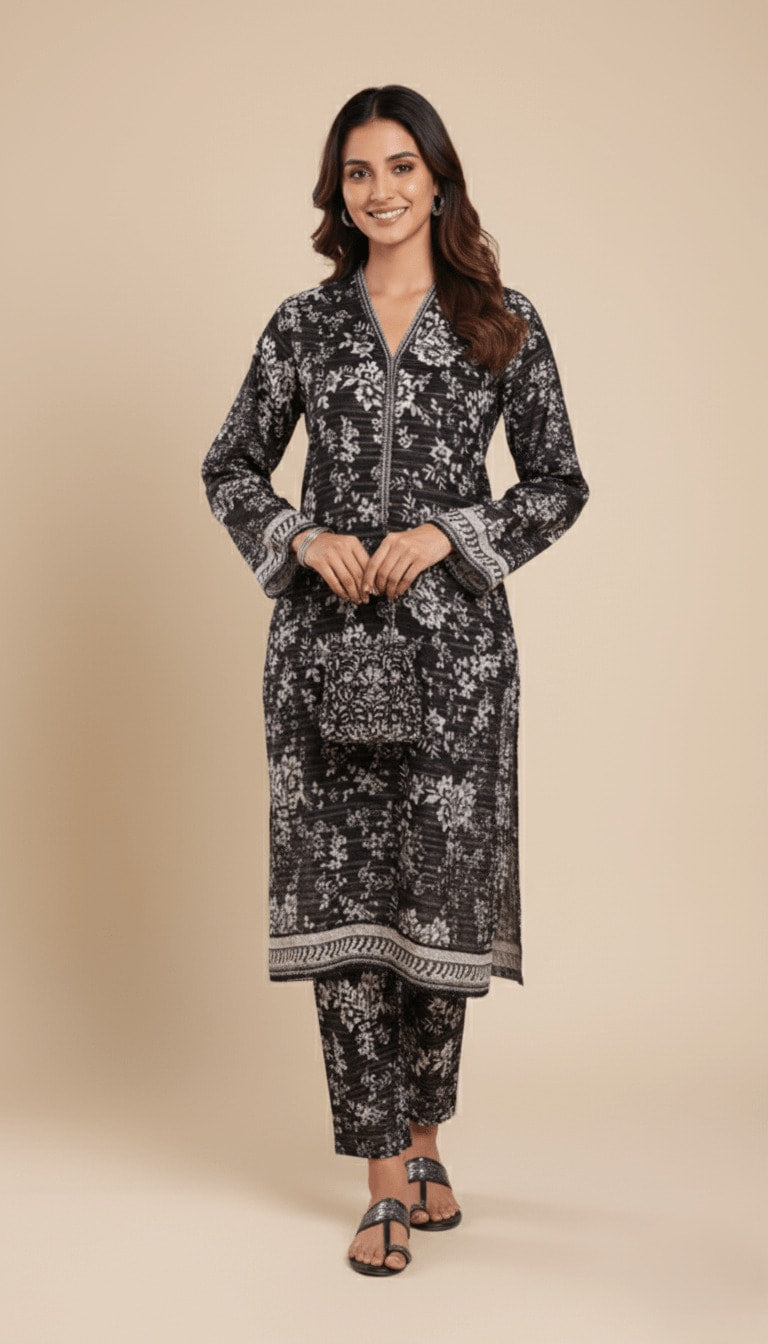Binsaeed Khaddar Suit Black White Floral Printed 2pc | SuitsMeUK