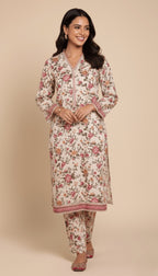 Binsaeed Khaddar Suit Cream Pink Floral Printed 2pc | SuitsMeUK