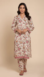 Binsaeed Khaddar Suit Cream Pink Floral Printed 2pc | SuitsMeUK