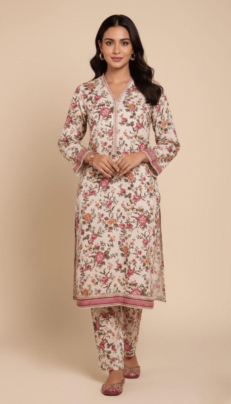 Binsaeed Khaddar Suit Cream Pink Floral Printed 2pc | SuitsMeUK