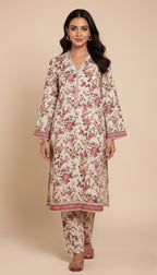 Binsaeed Khaddar Suit Cream Pink Floral Printed 2pc | SuitsMeUK