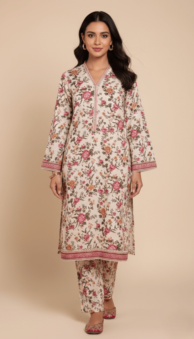 Binsaeed Khaddar Suit Cream Pink Floral Printed 2pc | SuitsMeUK