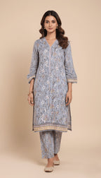 Binsaeed Khaddar Suit Dusty Blue Floral Printed 2pc | SuitsMeUK