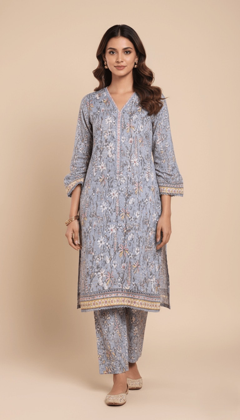 Binsaeed Khaddar Suit Dusty Blue Floral Printed 2pc | SuitsMeUK