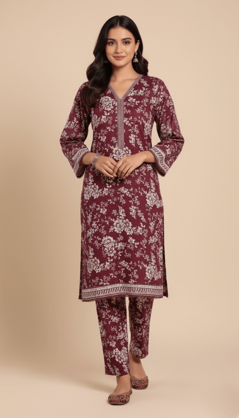 Binsaeed Khaddar Suit Maroon White Floral Print 2pc | SuitsMeUK