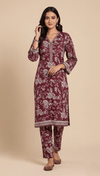 Binsaeed Khaddar Suit Maroon White Floral Print 2pc | SuitsMeUK
