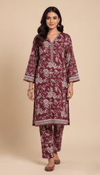 Binsaeed Khaddar Suit Maroon White Floral Print 2pc | SuitsMeUK